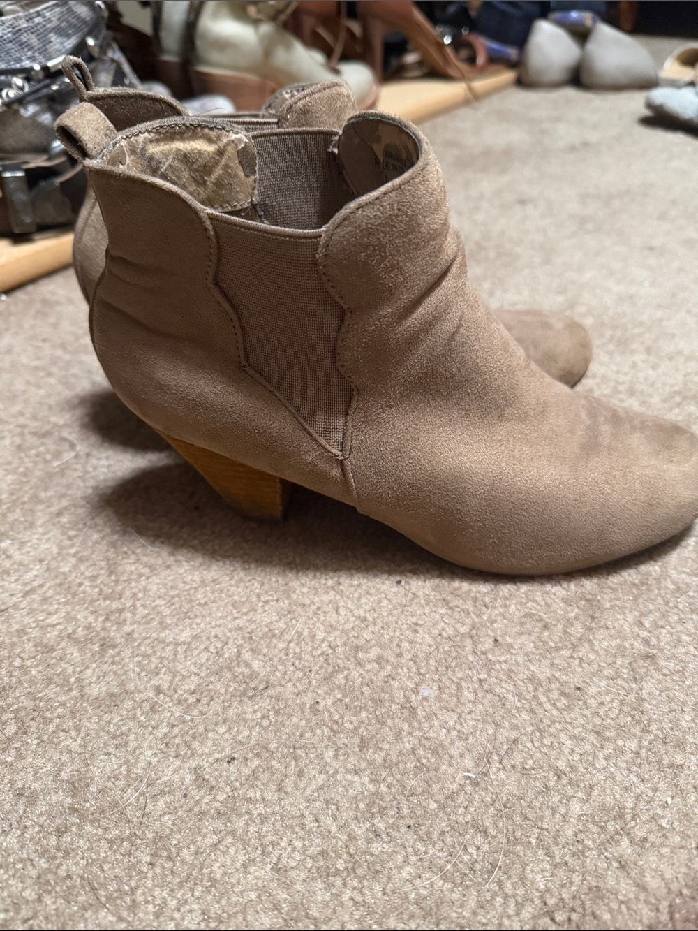 XOXO Taupe Suede Ankle Booties with Stacked Heel